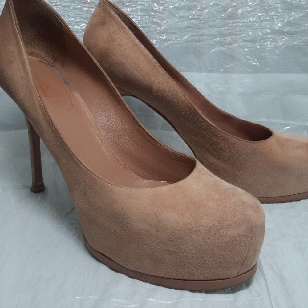 Yves Saint Laurent Suede Light Clay or Tan Tribtoo Platform Pumps - Size 8 / 39